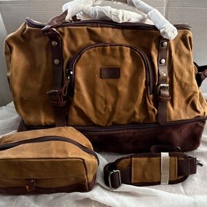New Nerlion Canvas & Leather Weekender Bag with Toiletry Kit and Shoulder Strap